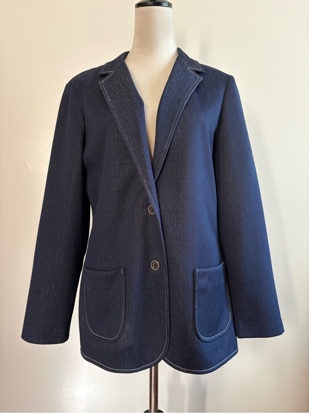 Vintage 70s Ko Ko Knits of California Blue Faux Denim Knit Blazer Size M/L